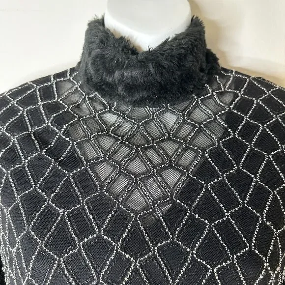 NESS Top Women L Black Silver Faux Fur Trimmed Turtleneck Sheer Regency Glam - Picture 2 of 8